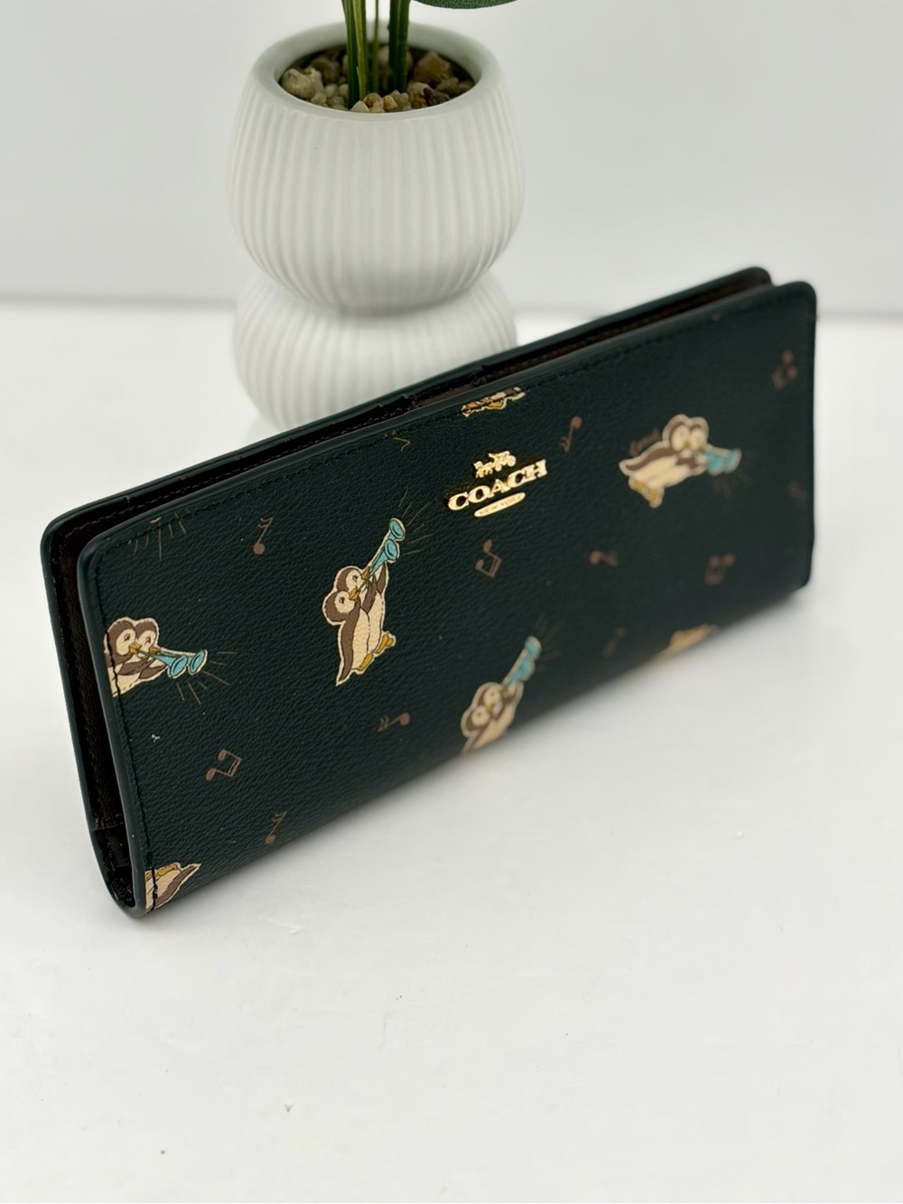 Coach Black Leather Long Wallet with Musical Owl Motif